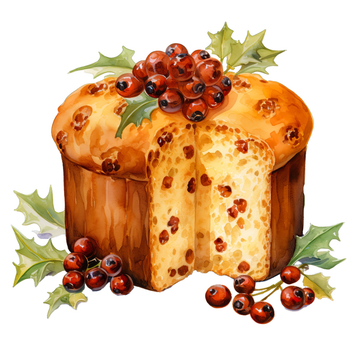 Illustration of a traditional panettone with berries and leaves for holiday celebration.