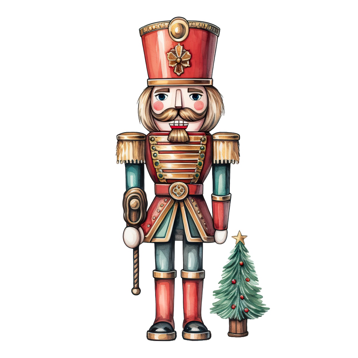 Nutcracker soldier with decorative uniform and a small Christmas tree beside it.