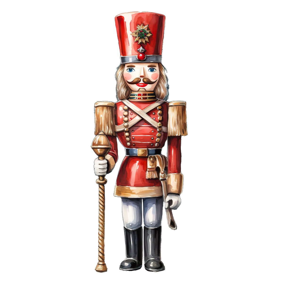 Nutcracker soldier in a red and gold uniform with a tall hat.