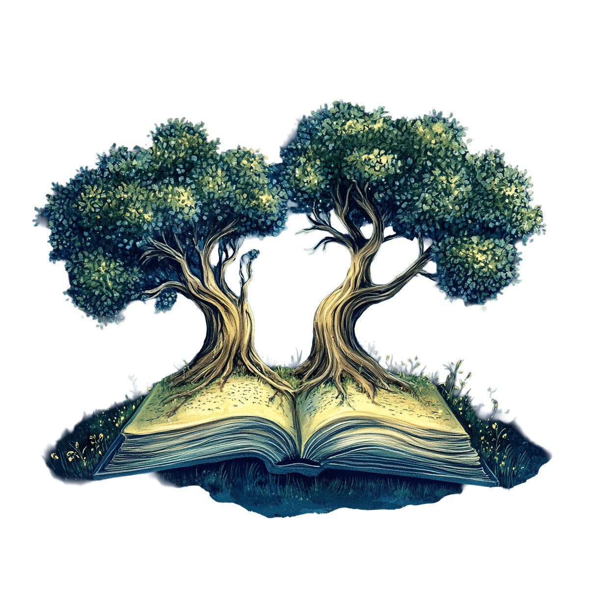Two trees with lush foliage growing from the pages of an open book.