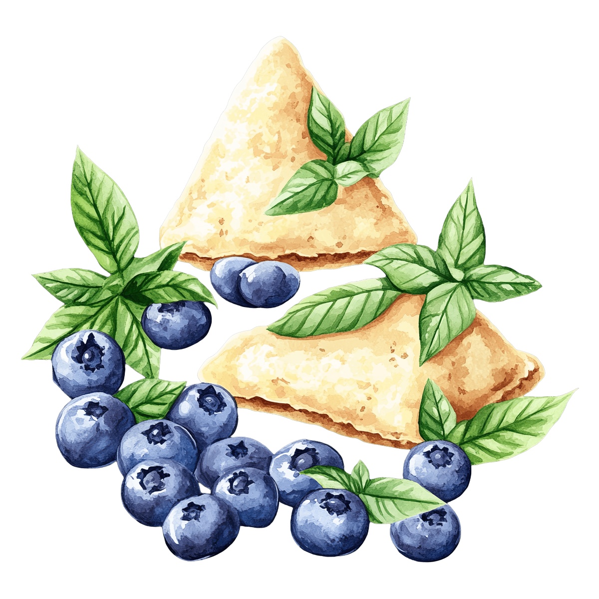 Triangular pastries with blueberries and mint leaves in a watercolor style.