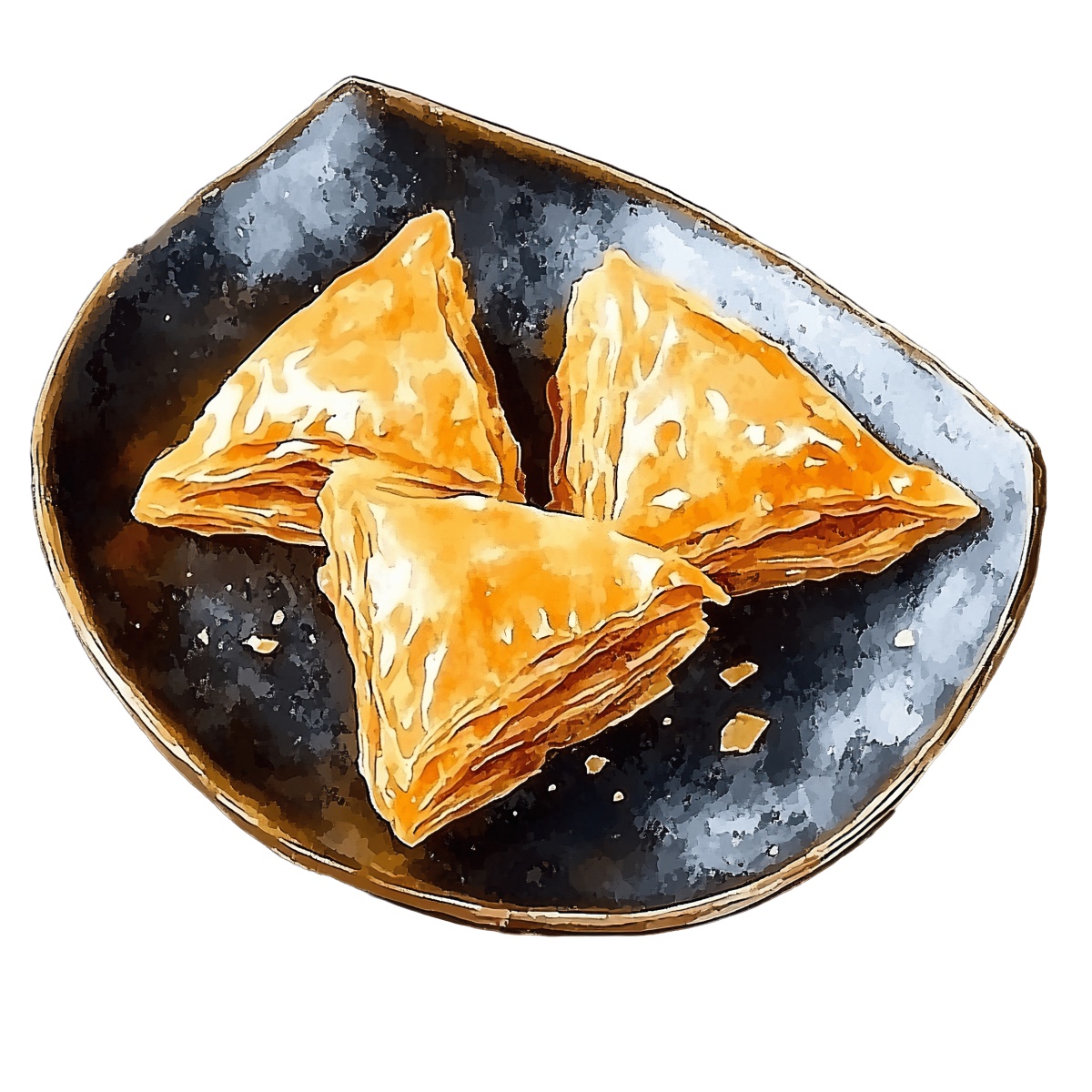 Three triangular pastries placed on a dark ceramic plate.