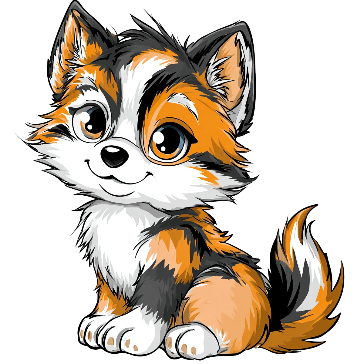 Tricolor fox clipart with large eyes and a bushy tail.