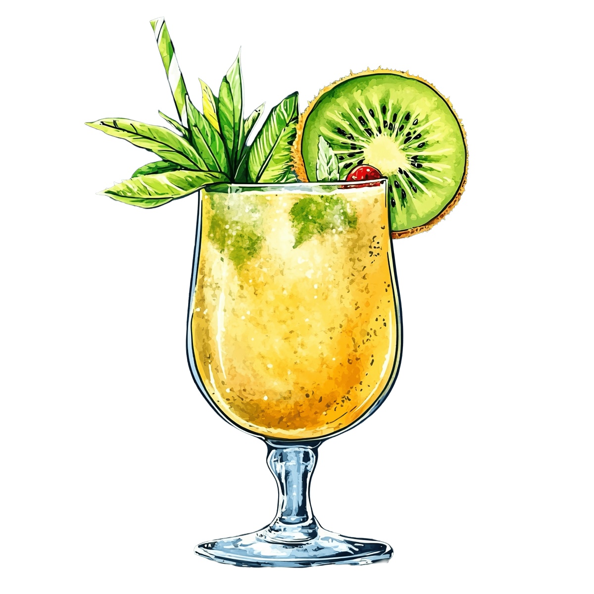 Tropical cocktail in a glass with kiwi slice and mint garnish.