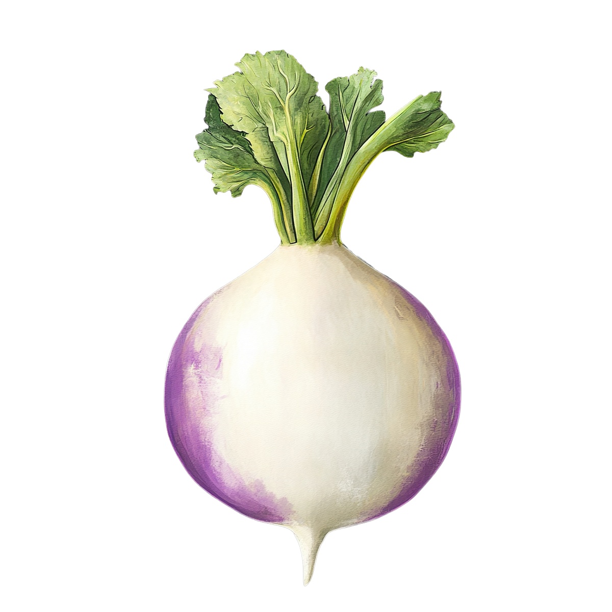 Turnip with green leaves and a purple-tinted base.