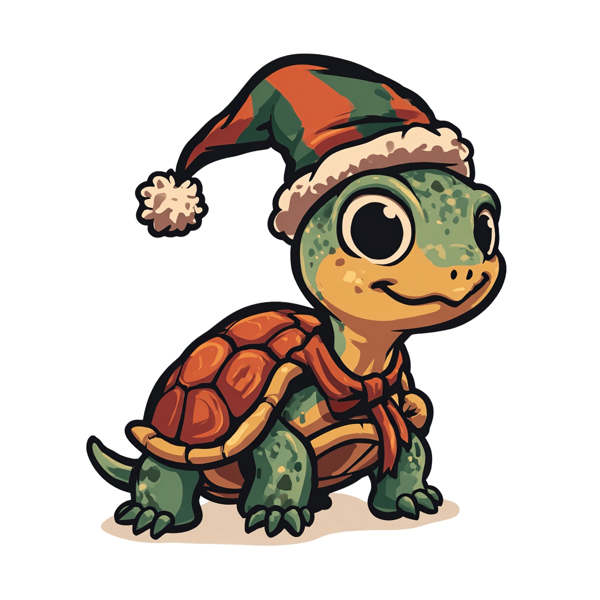Turtle wearing a red and green hat with a scarf, cartoon illustration.