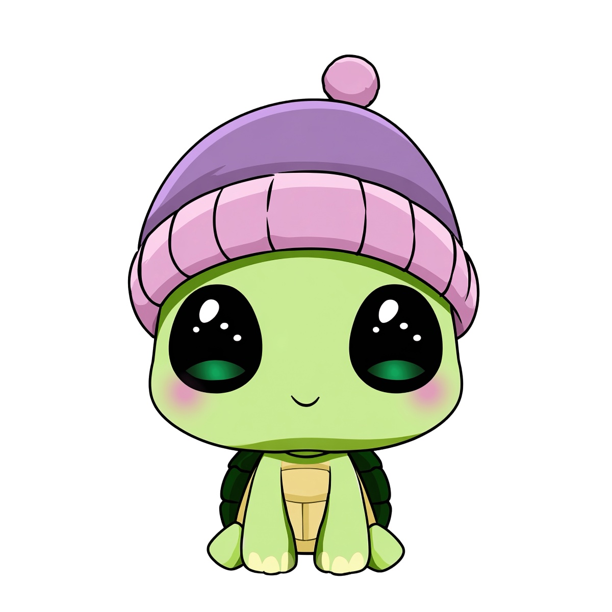 Turtle with green shell, wearing a purple beanie, large eyes.