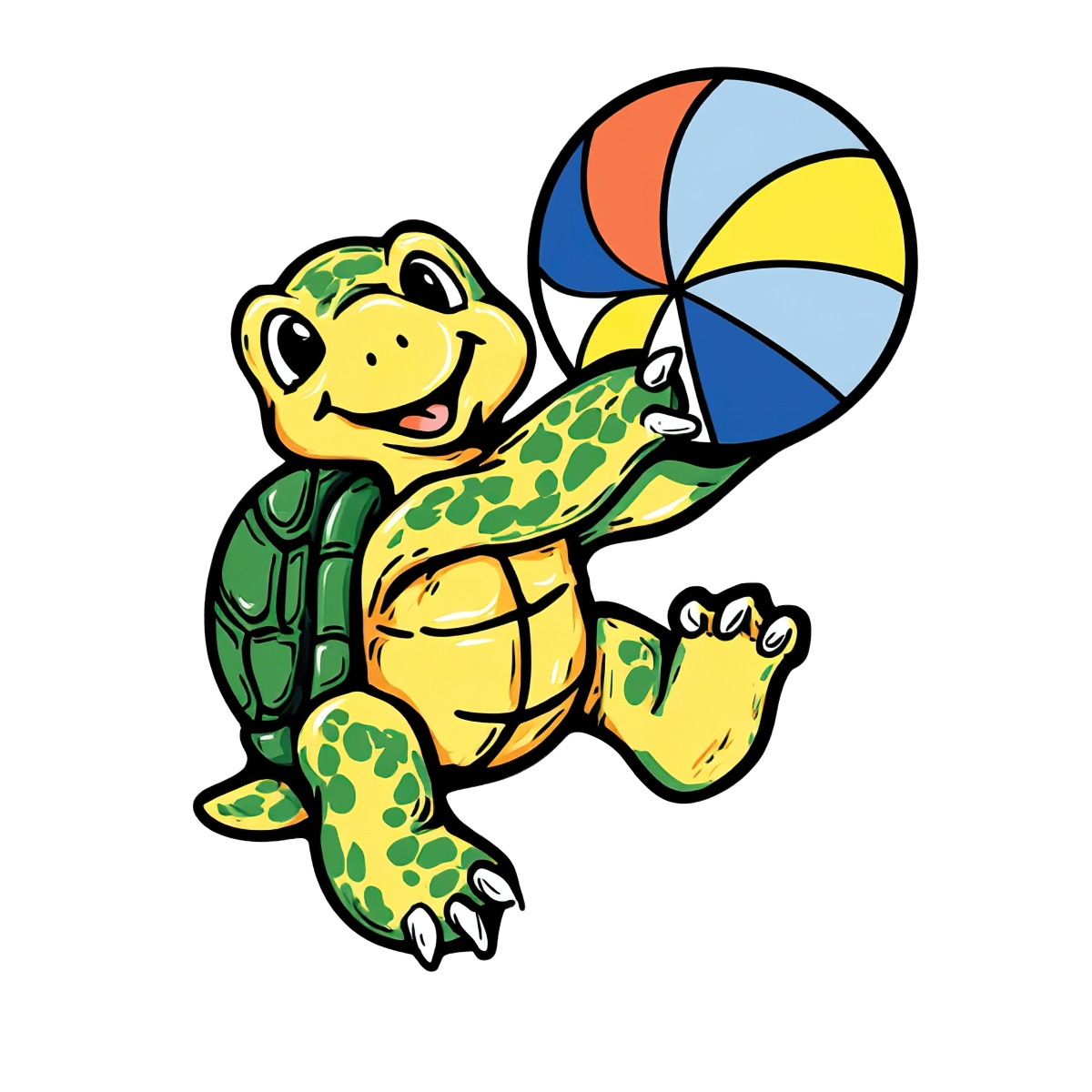 Green turtle holding a colorful beach ball in a cartoon style illustration.