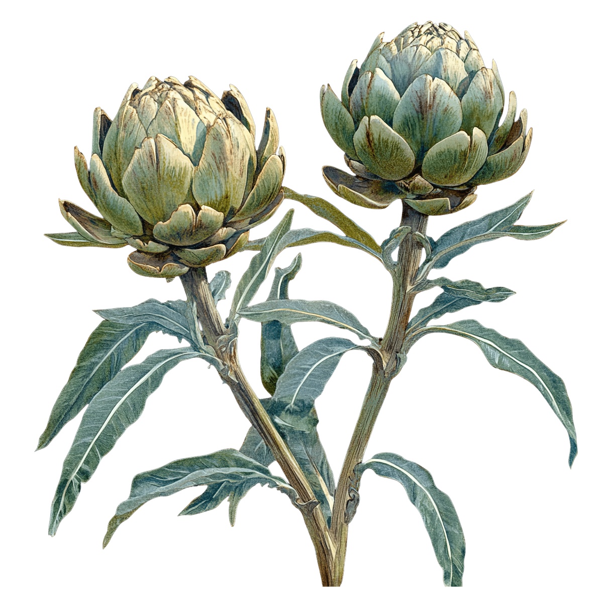 Two artichokes with leaves on stems depicted in detailed clipart.