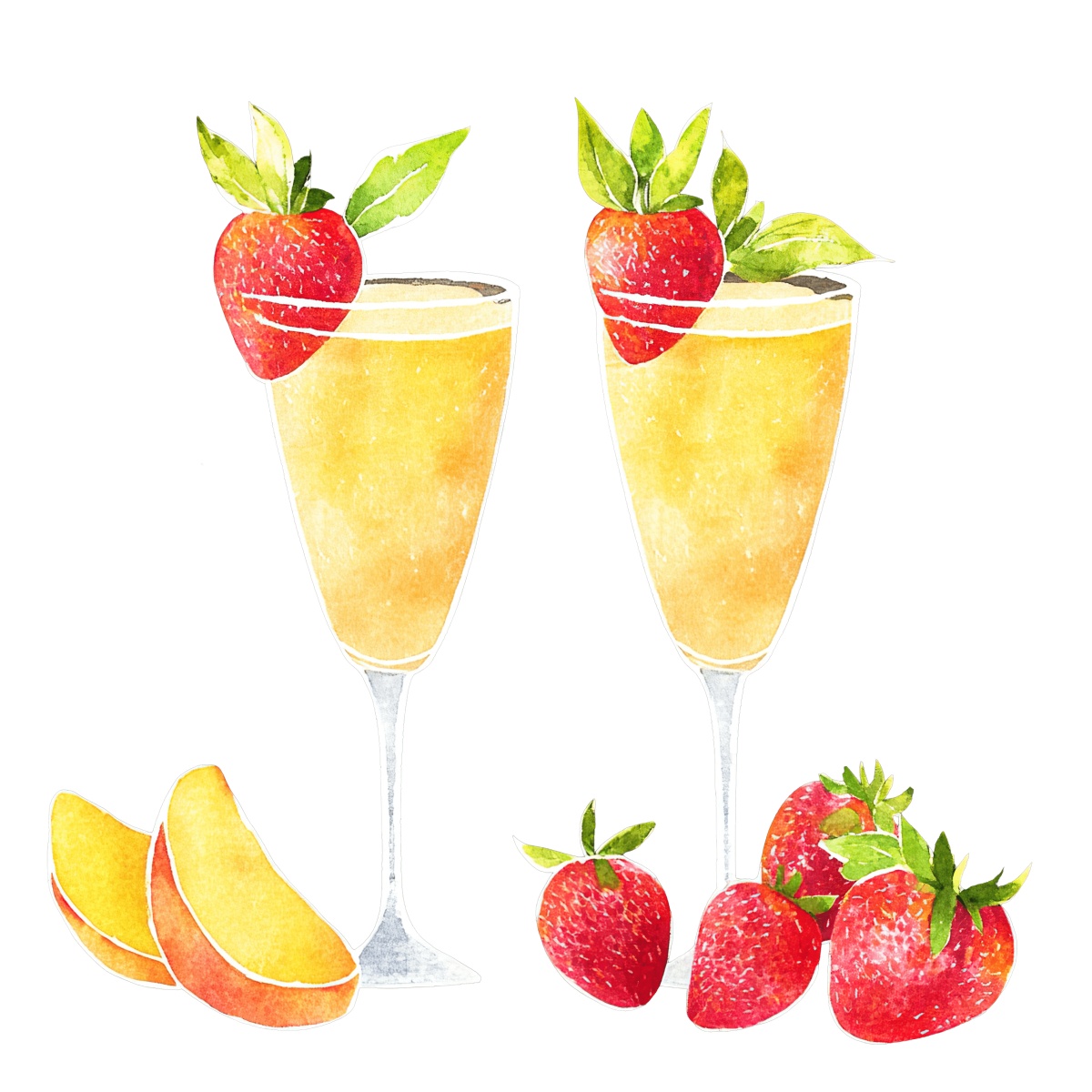 Two Bellini cocktails with strawberry garnish and peach slices on the side.
