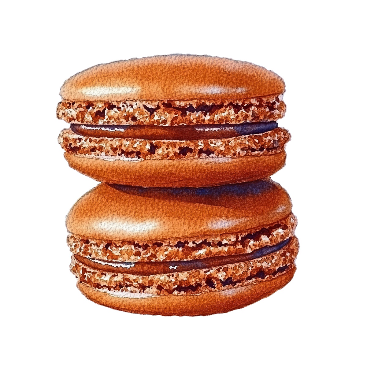 Two brown macarons stacked with chocolate filling in clipart style.