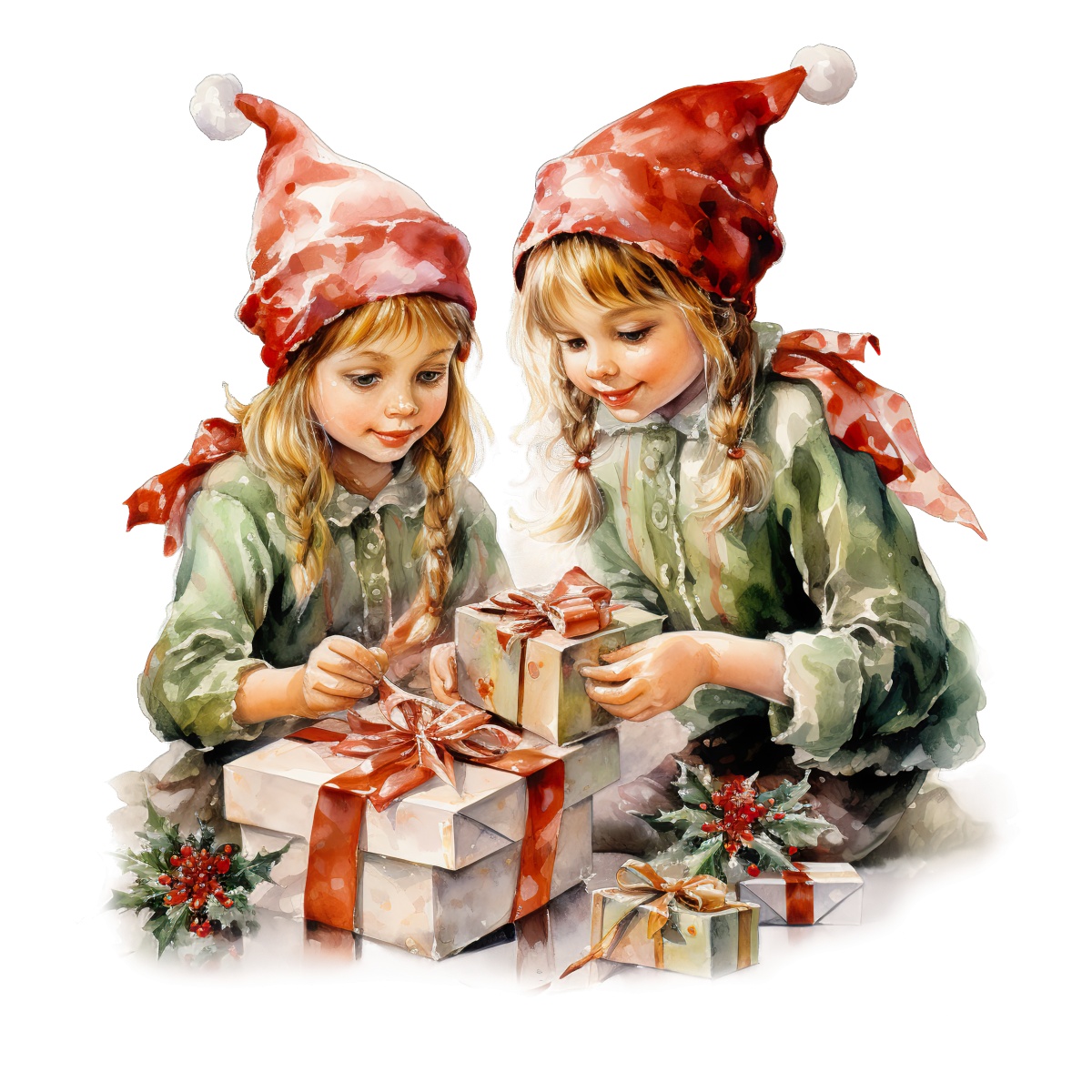 Two children in Santa hats wrapping gifts with red ribbons for Christmas.