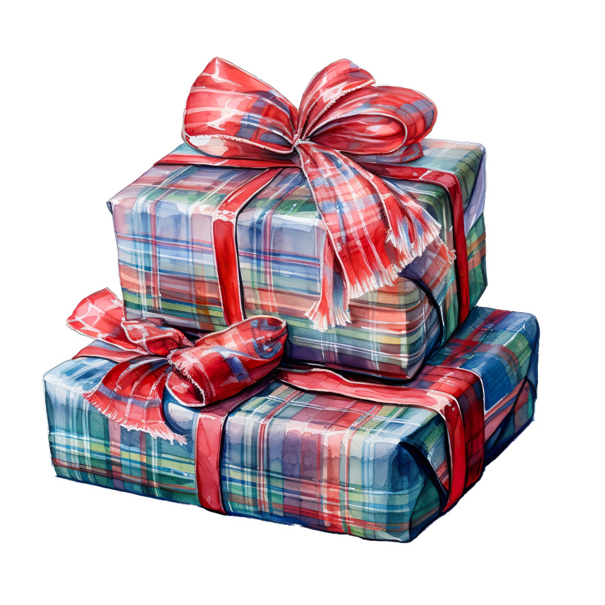Two plaid gift boxes tied with red ribbons and decorative bows.