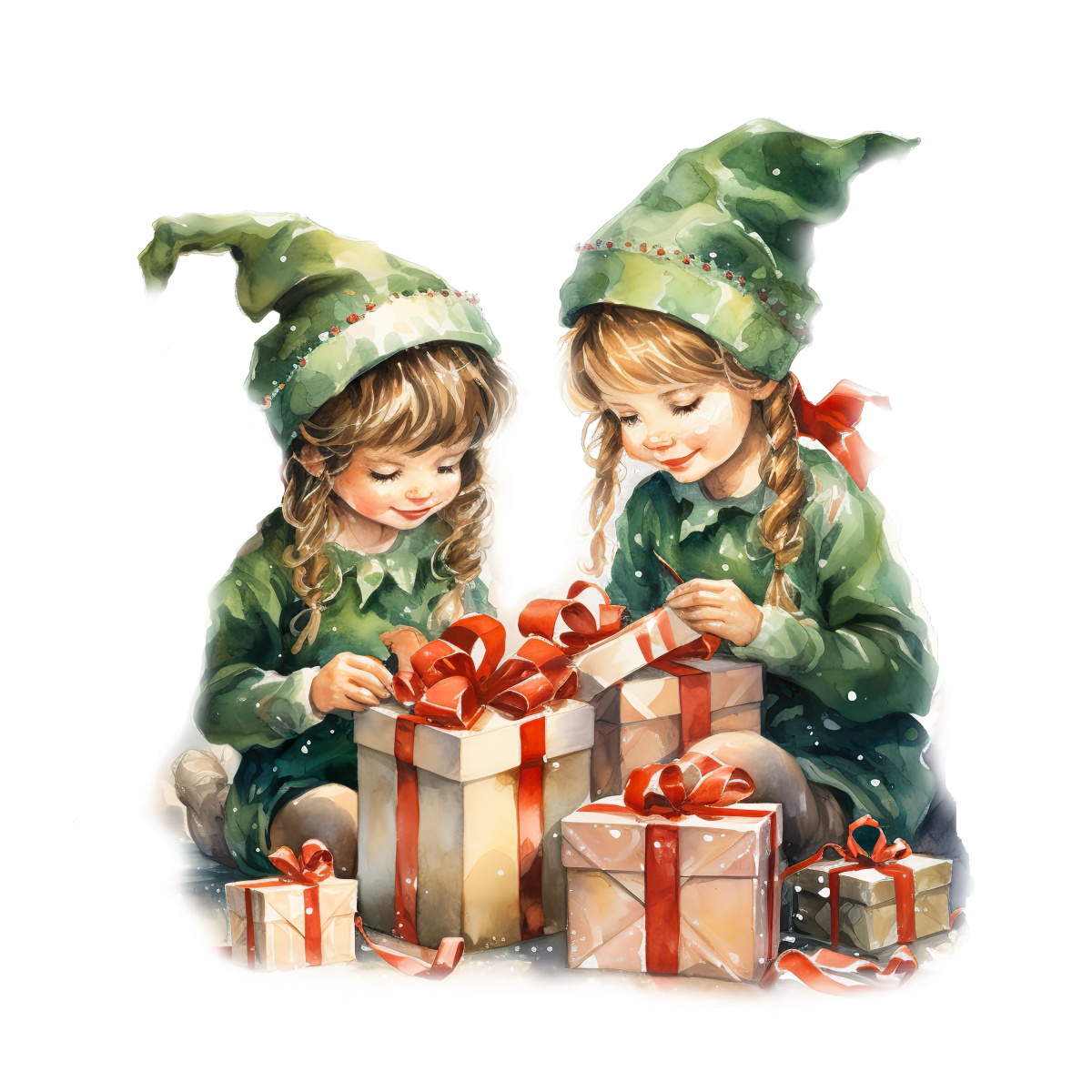 Two elves wearing green clothing open Christmas gifts with red ribbons.