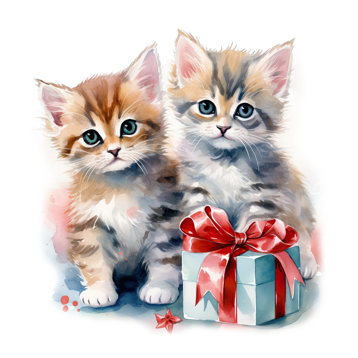 Two fluffy kittens next to a gift box with a red ribbon.