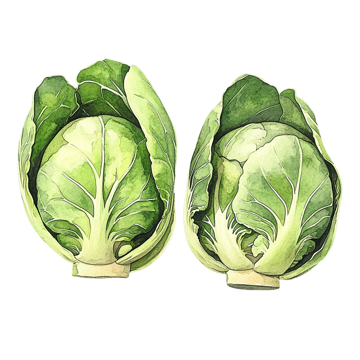 Two green Brussels sprouts with detailed leaves.