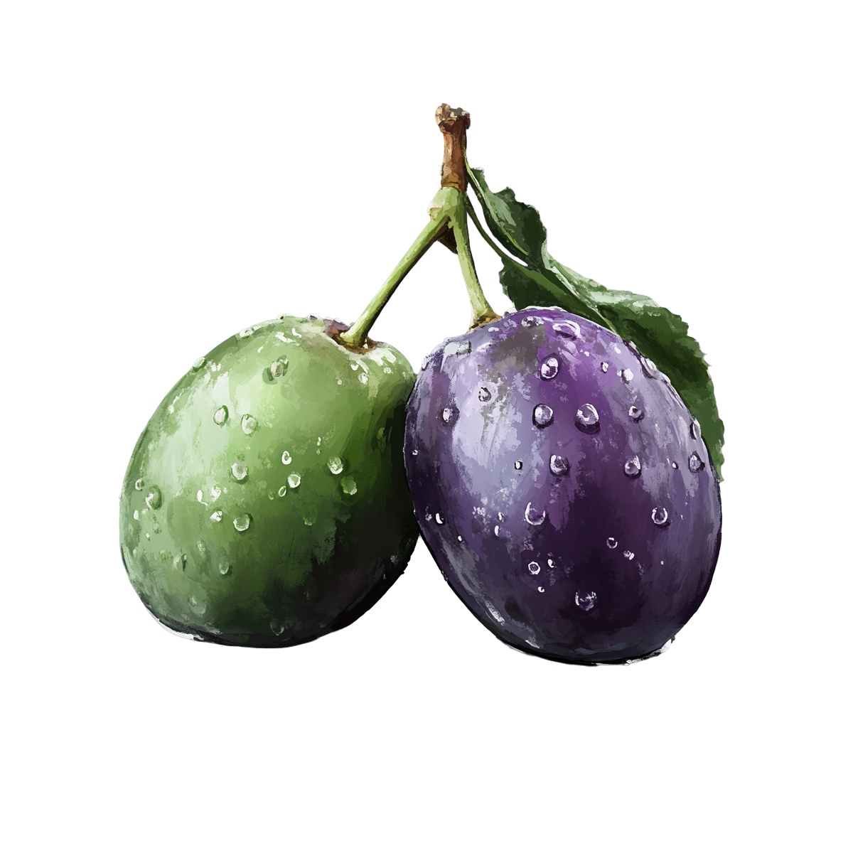 Two plums, one green and one purple, with visible water droplets.
