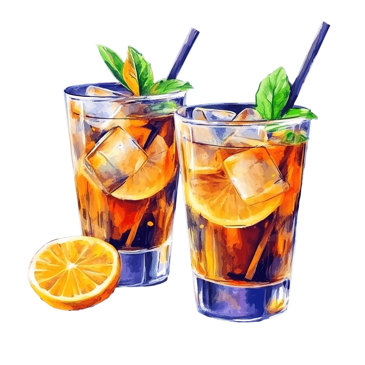 Two glasses of iced tea with lemon slices and mint leaves.