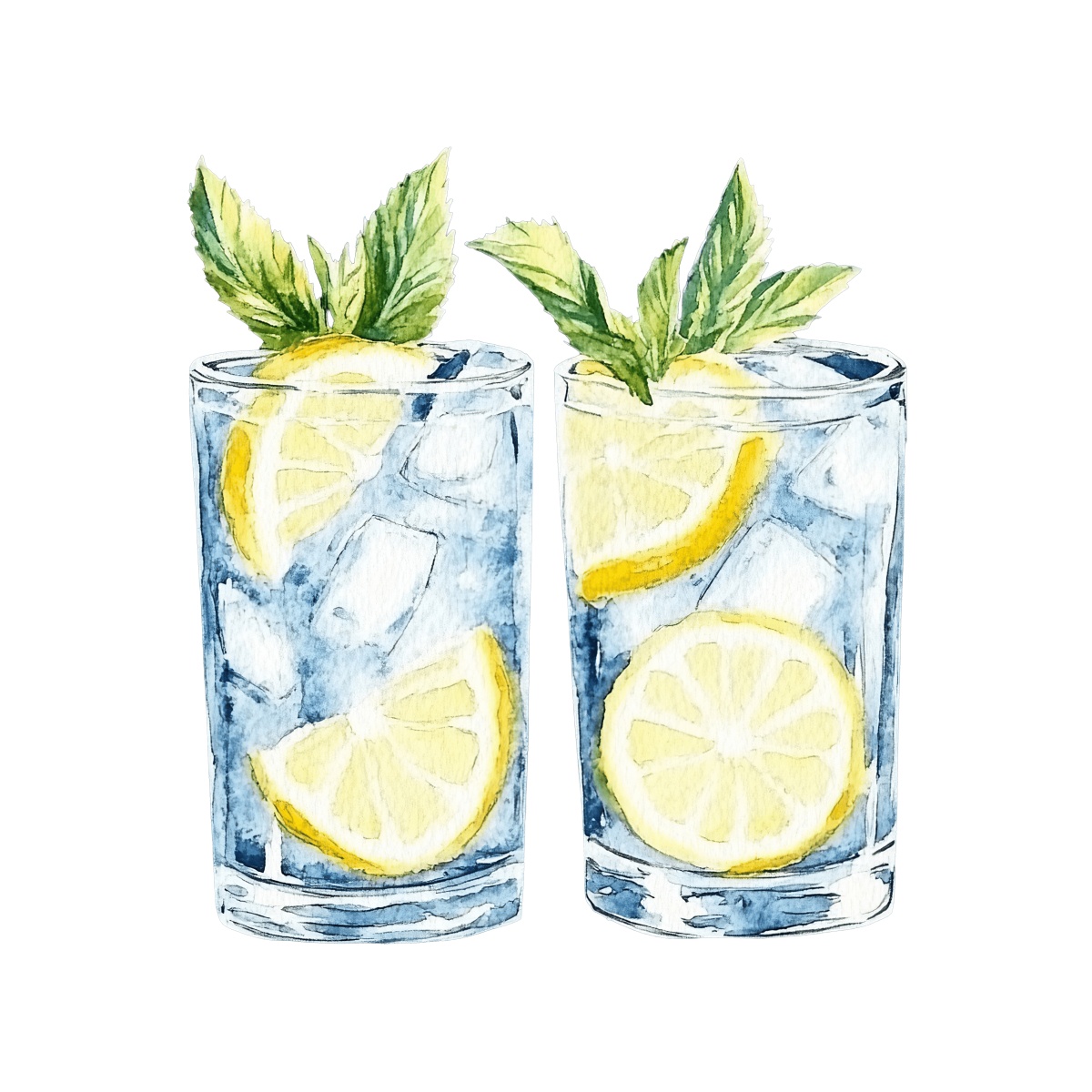 Two glasses of lemon water with ice cubes and mint leaves.