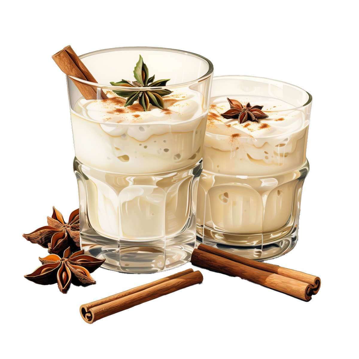 Two glasses of eggnog with star anise and cinnamon garnishes.