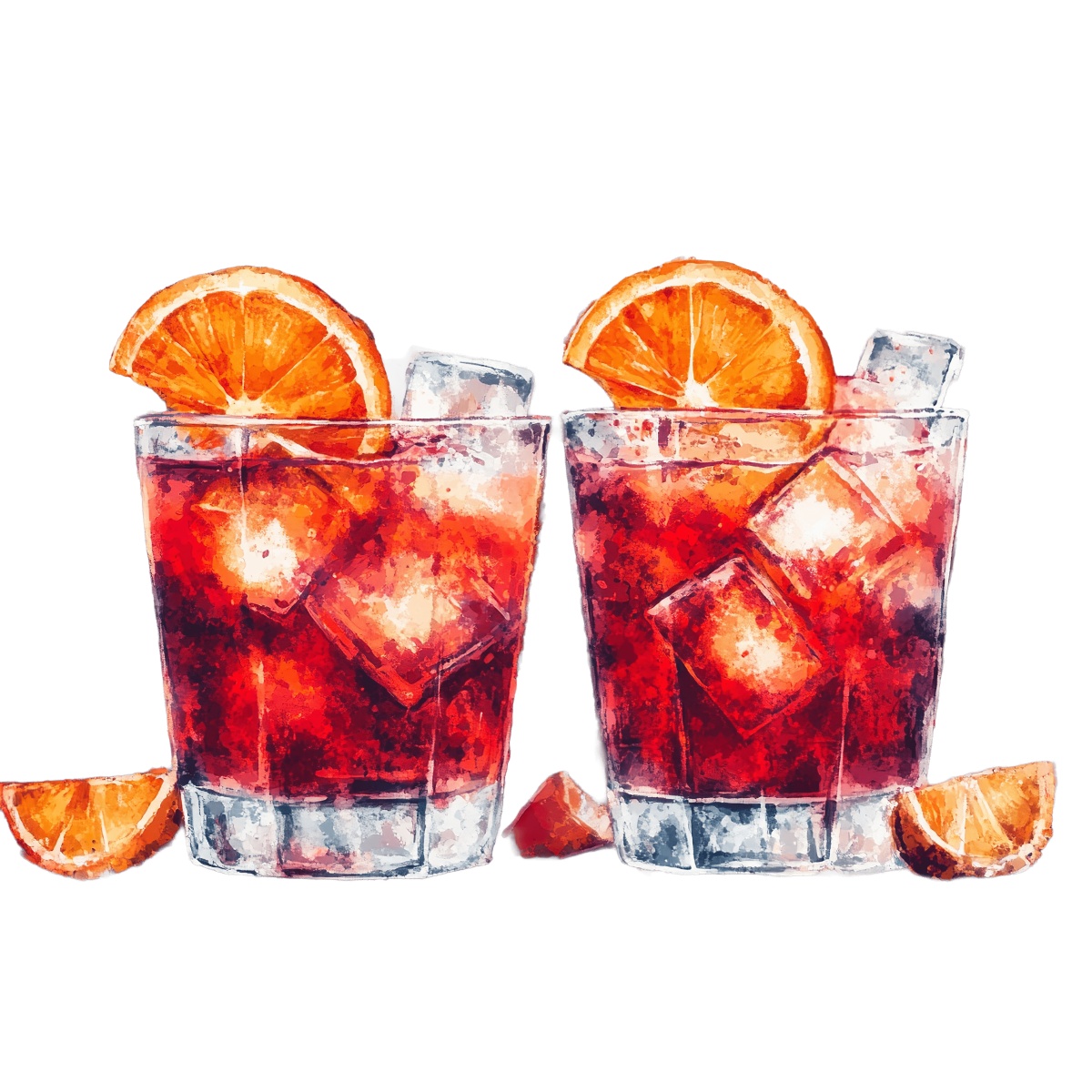 Two glasses of red cocktails with ice and orange slices.