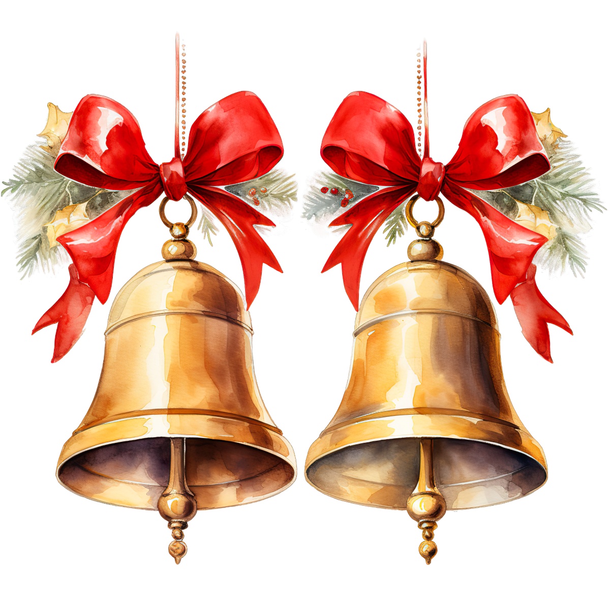 Illustration of two golden bells with red ribbons and evergreen decorative branches.
