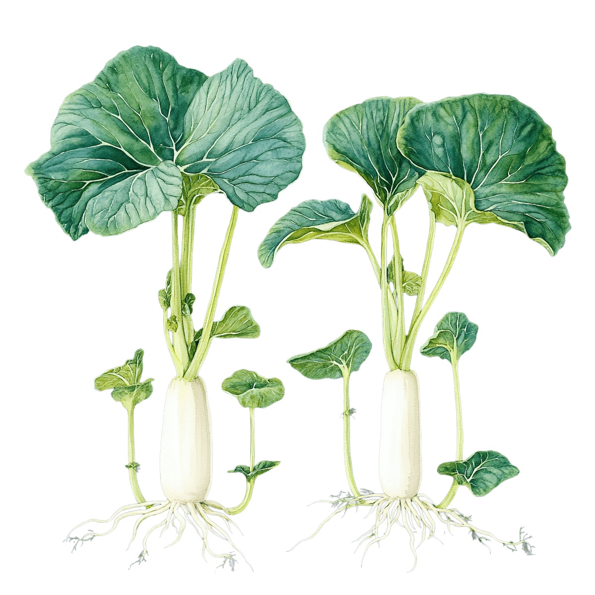 Two radish plants with large green leaves and visible roots.