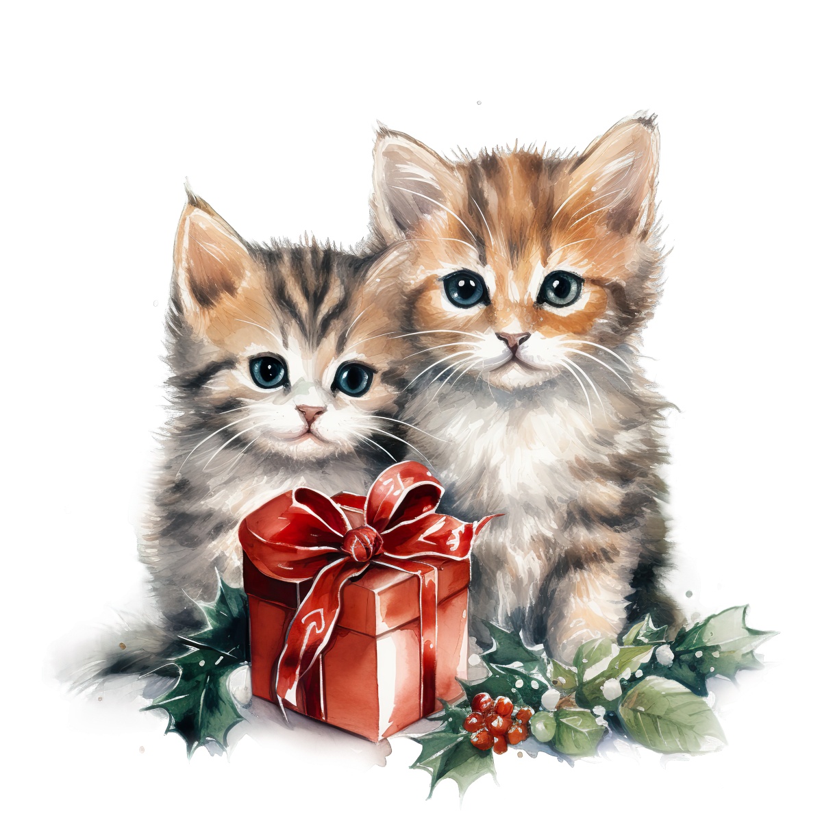 Illustration of two kittens with a Christmas gift and holly leaves.