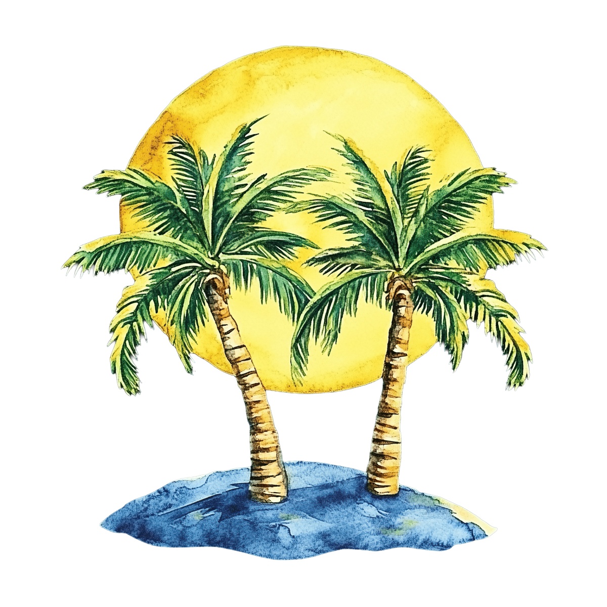 Two palm trees on an island with a large yellow sun behind them.