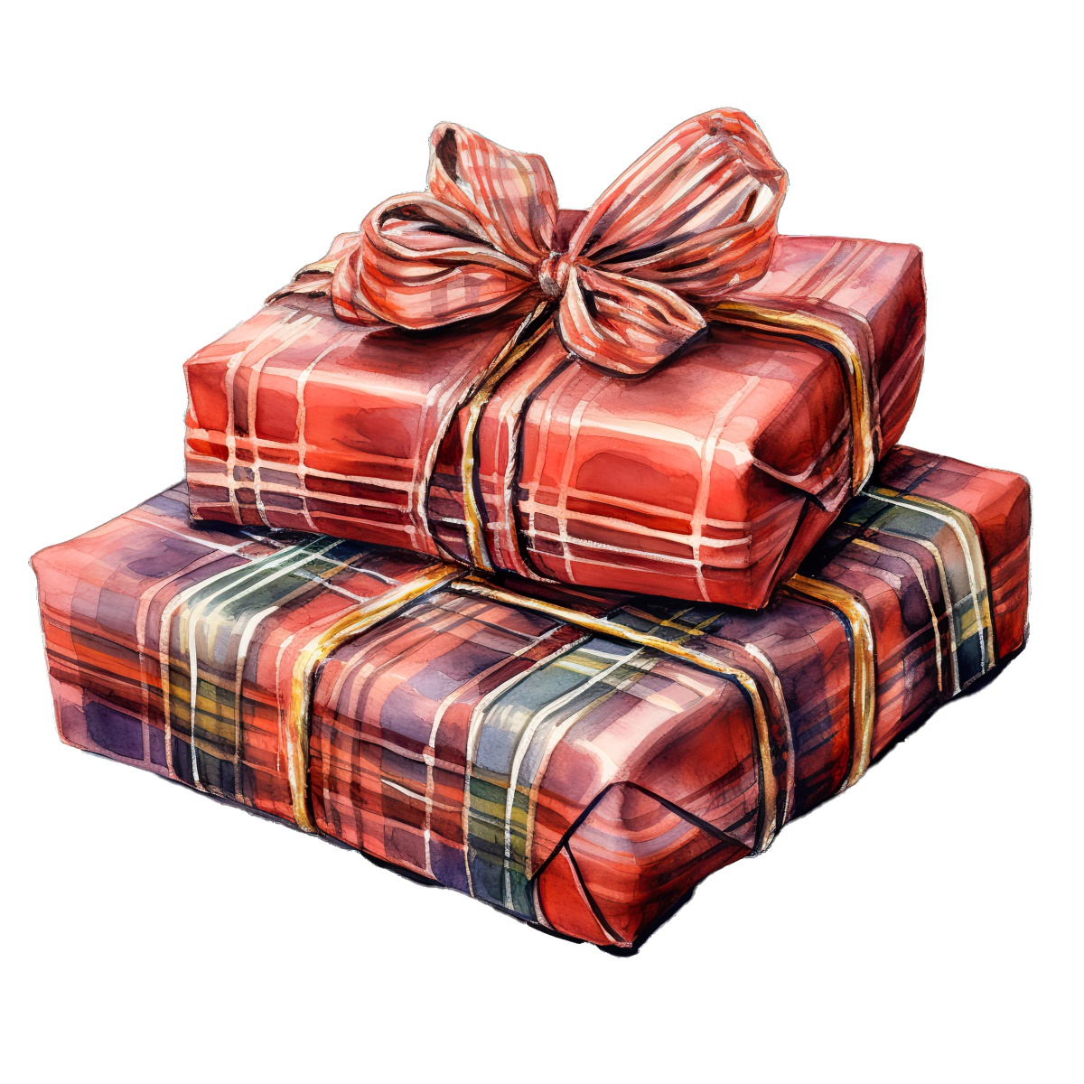 Two plaid-covered gift boxes with large decorative ribbons on top.