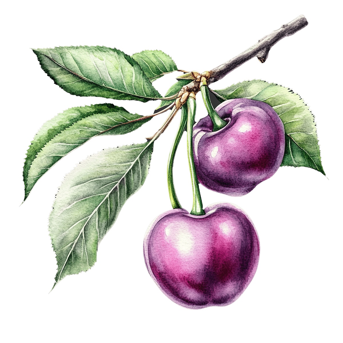 Two purple cherries hanging from a branch with green leaves.