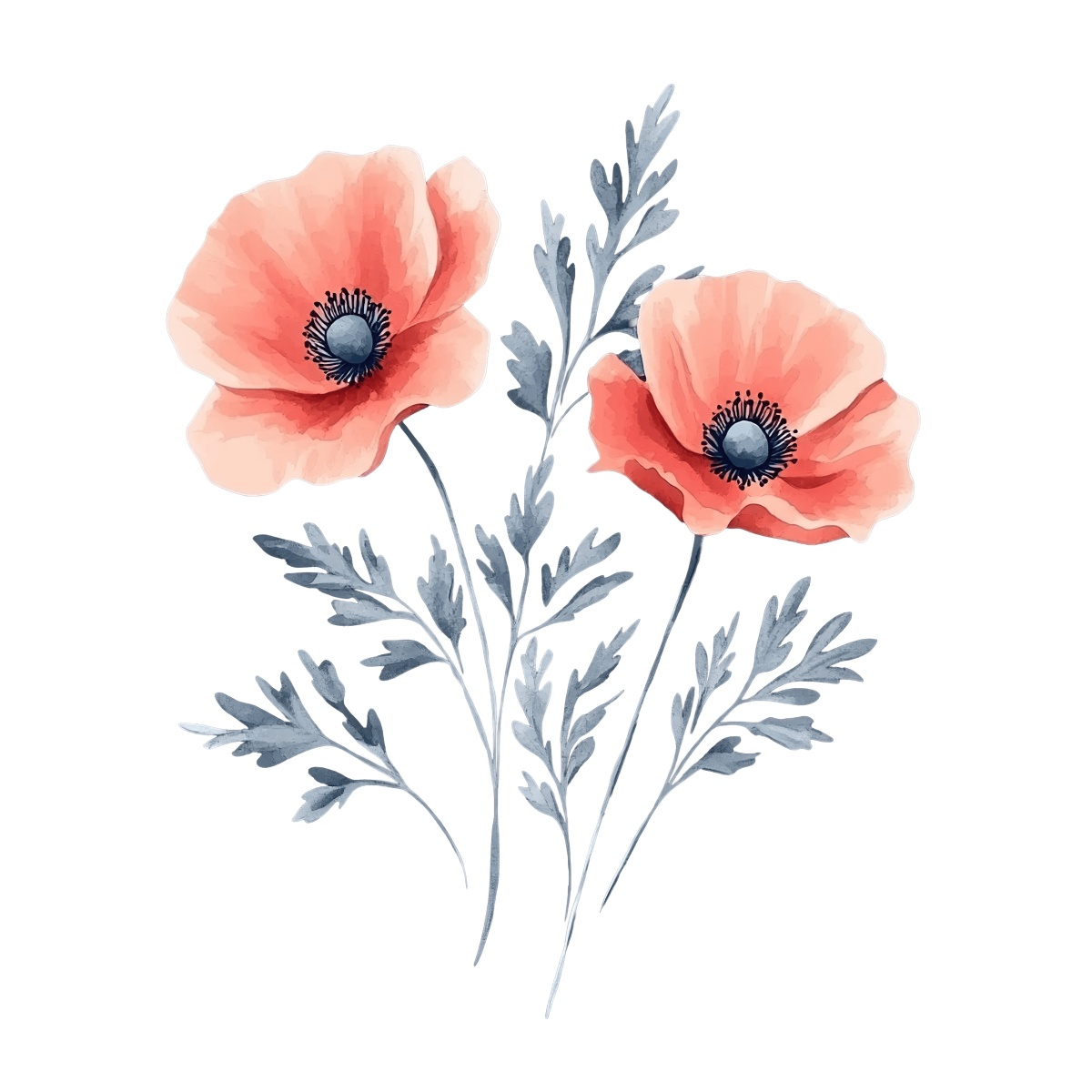 Two red poppy flowers with silver-green leaves on a black background.