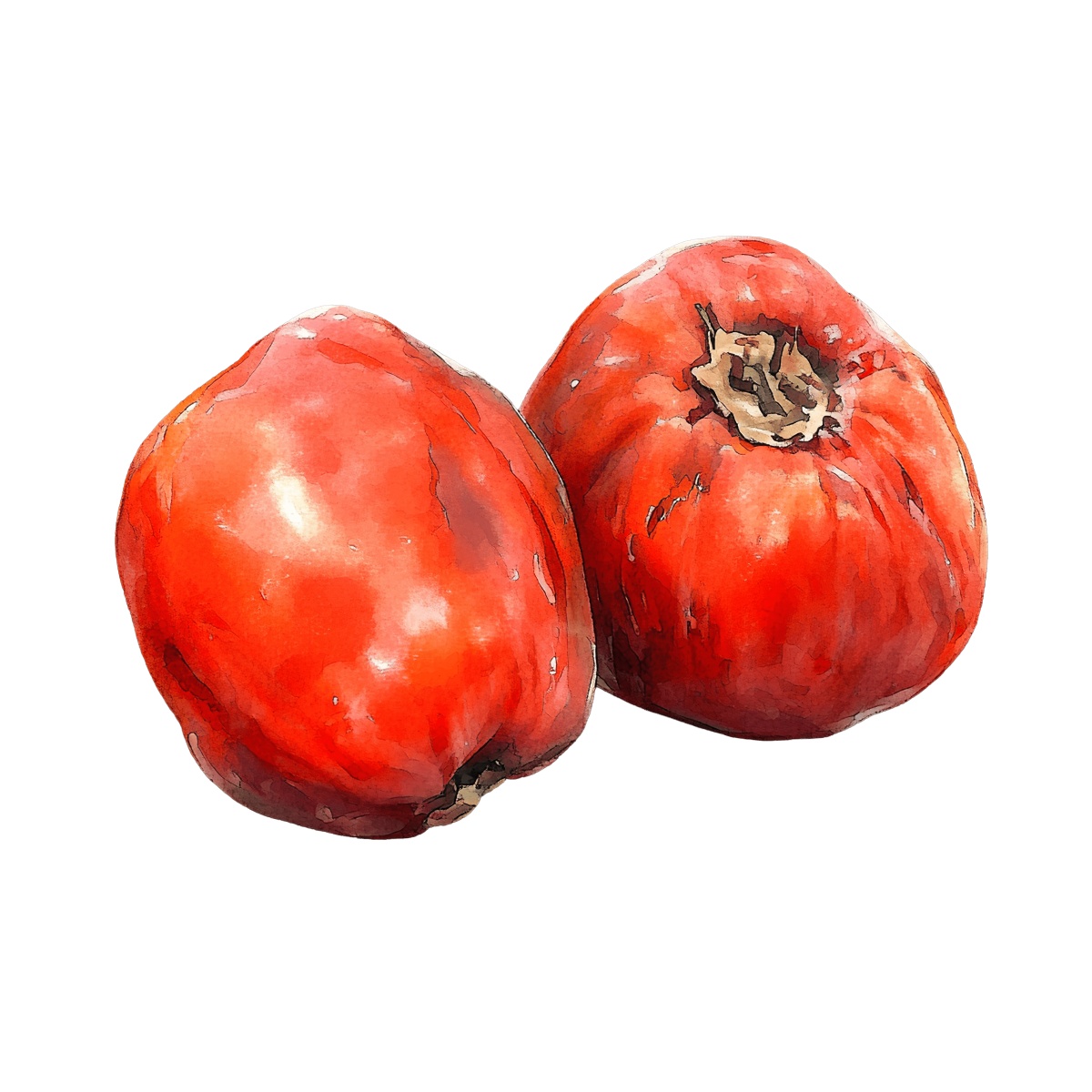 Two red tomatoes with detailed texture and shading in clipart style.