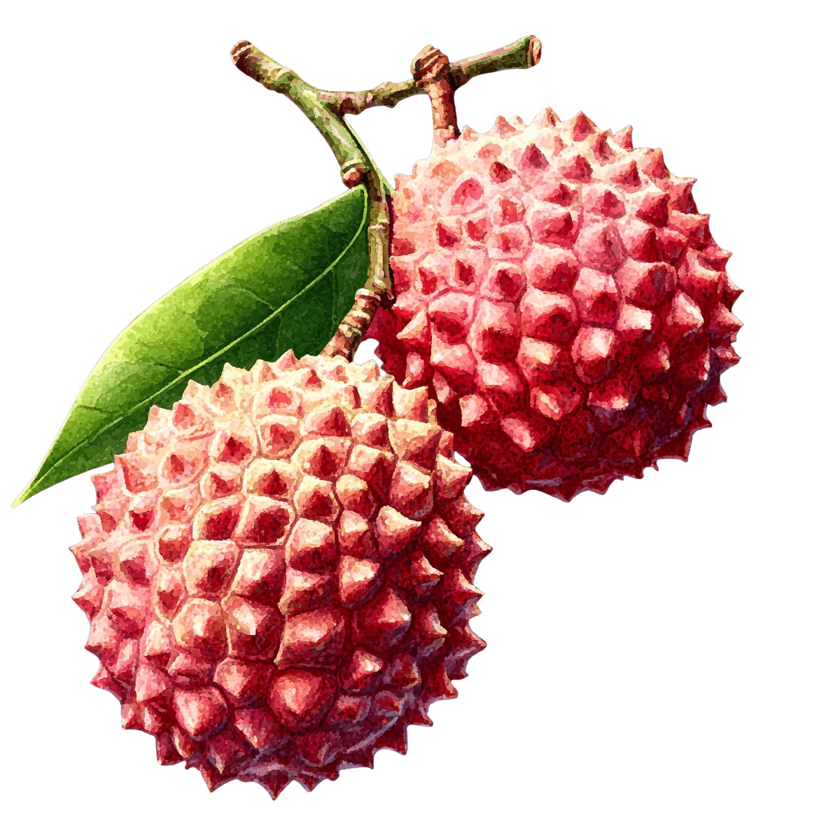 Two ripe lychees with a green leaf on a branch.