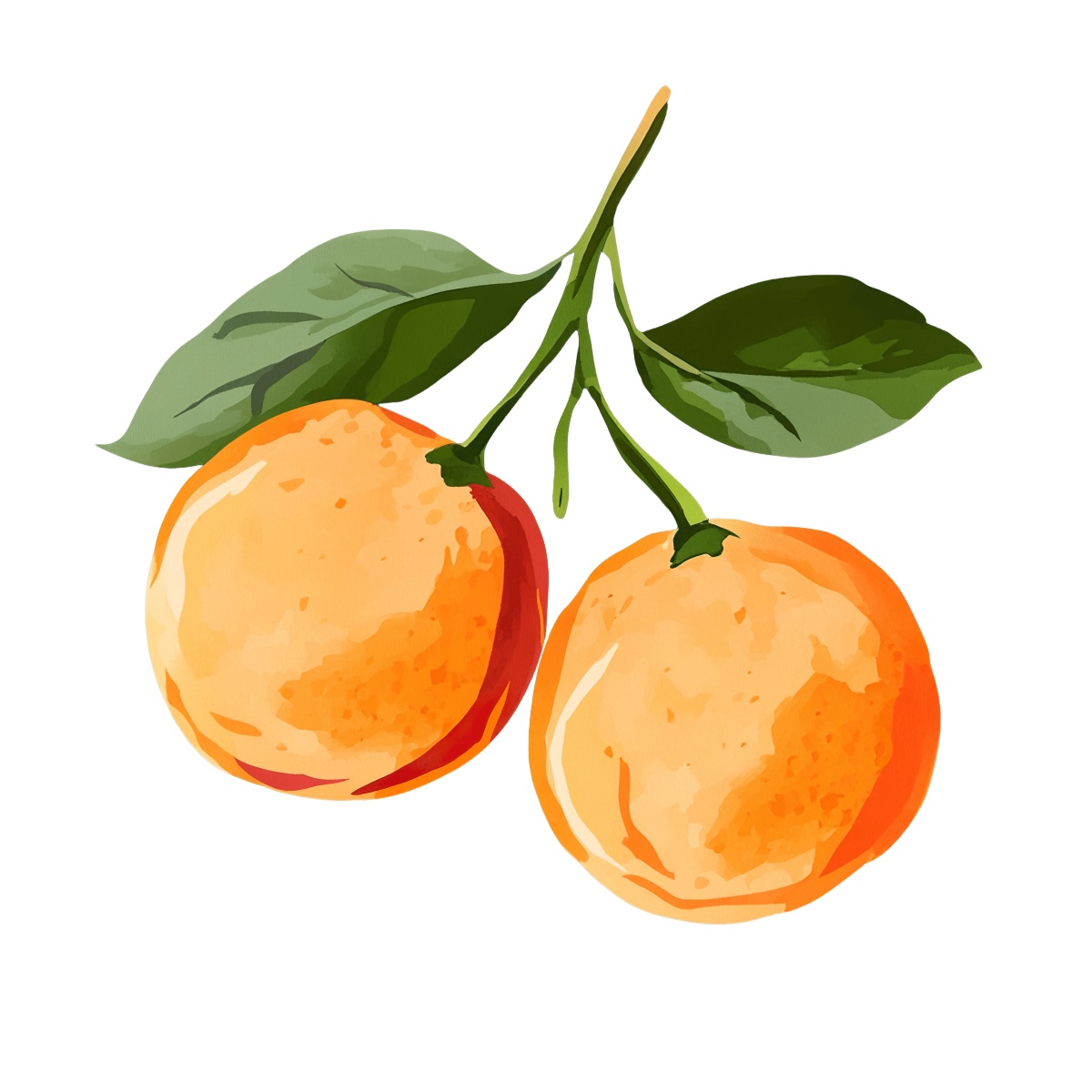 Two ripe oranges with green leaves hanging from a branch.