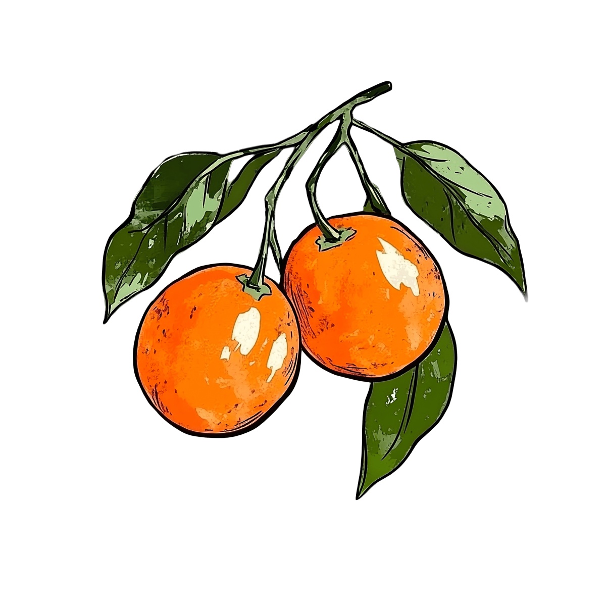 Two ripe oranges with green leaves hanging from a branch.