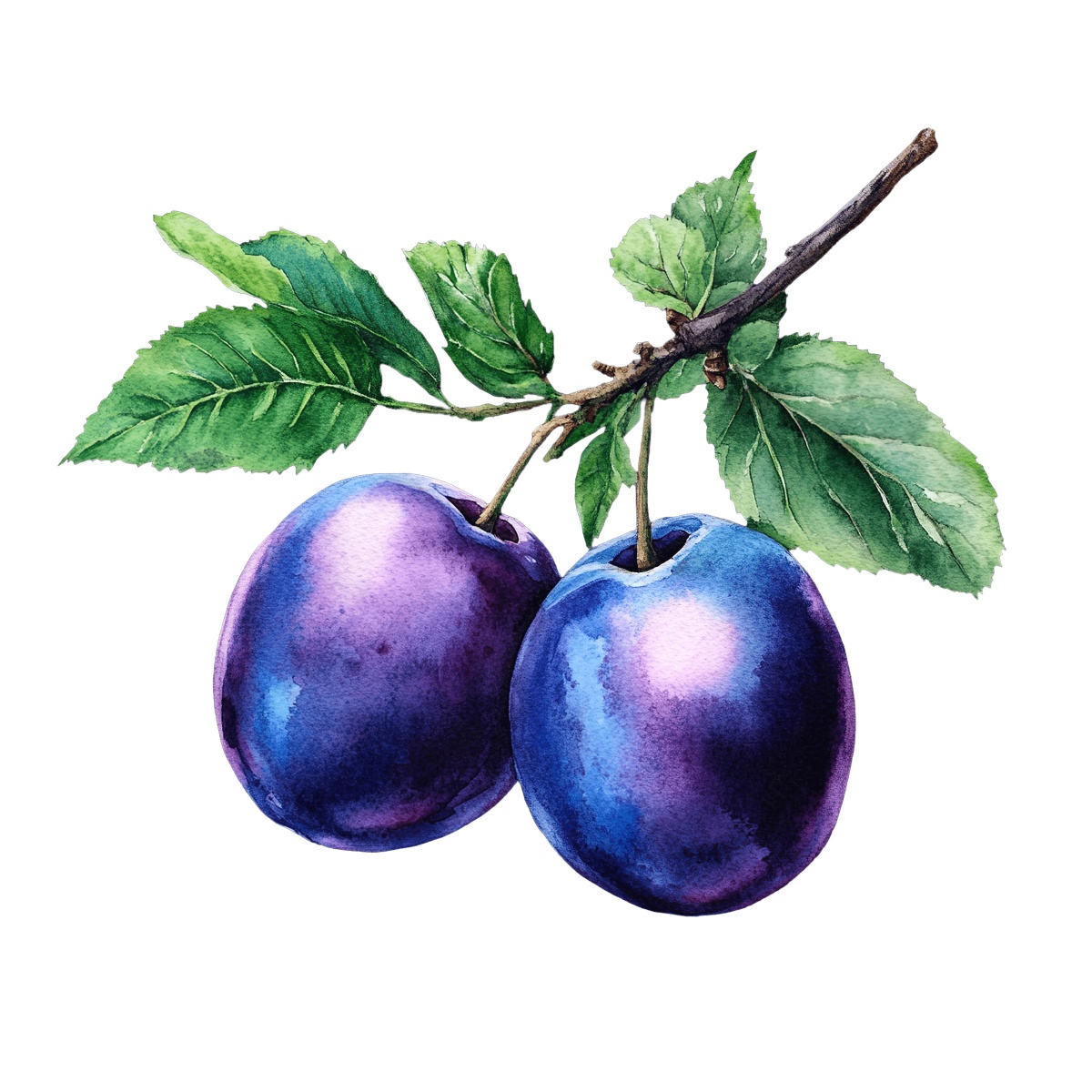 Two ripe purple plums with green leaves on a branch.
