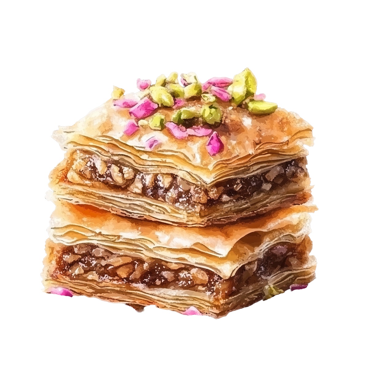 Two baklava slices with pistachio and rose petal toppings.