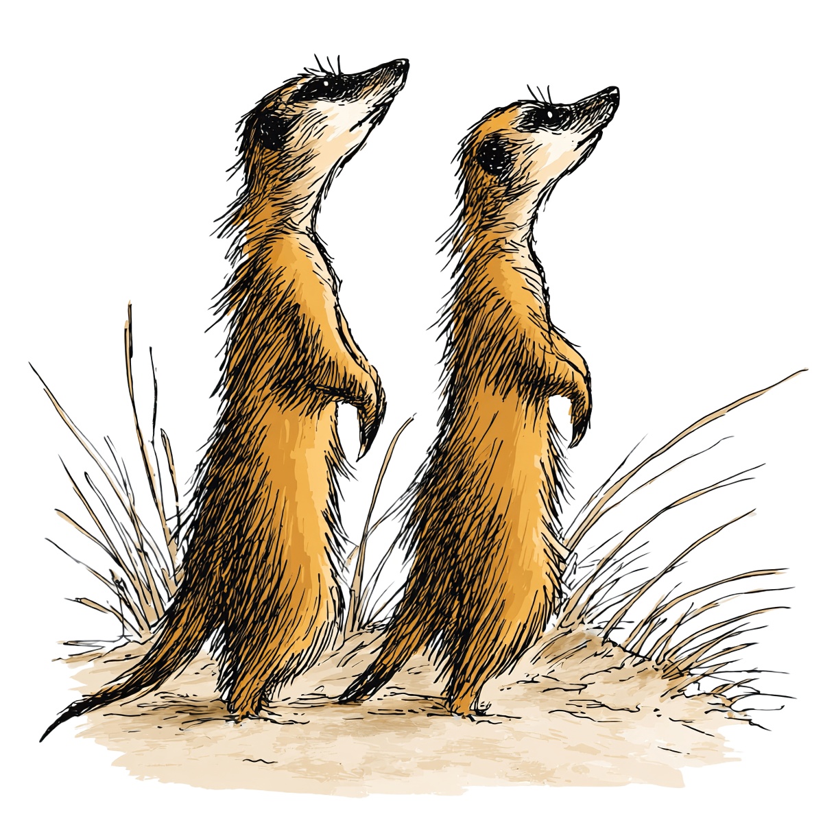 Two meerkats standing on sand