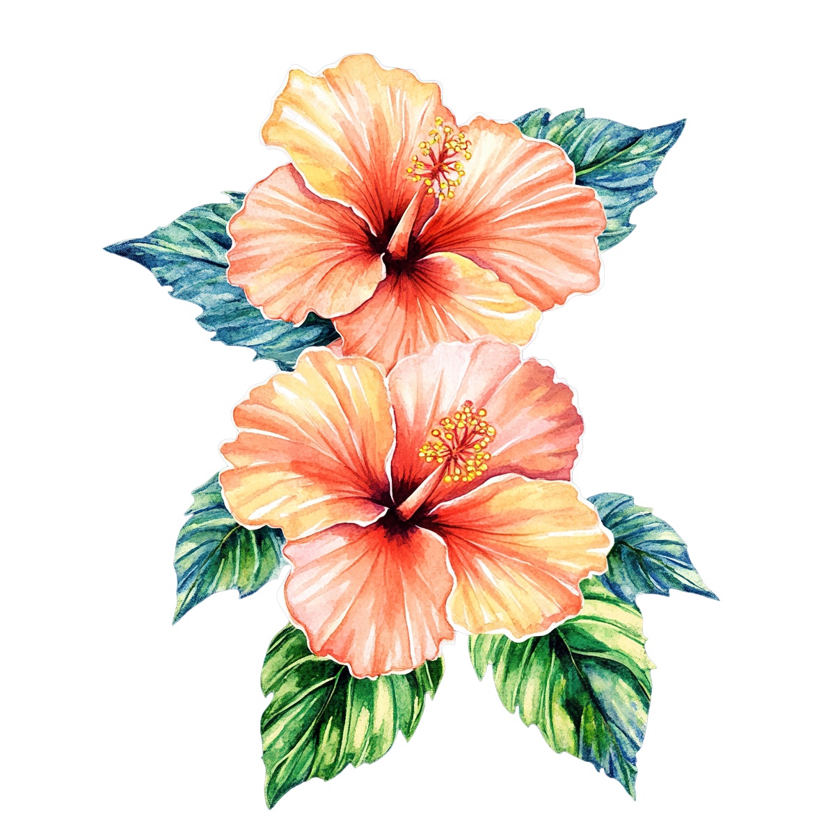 Two orange hibiscus flowers with green leaves.