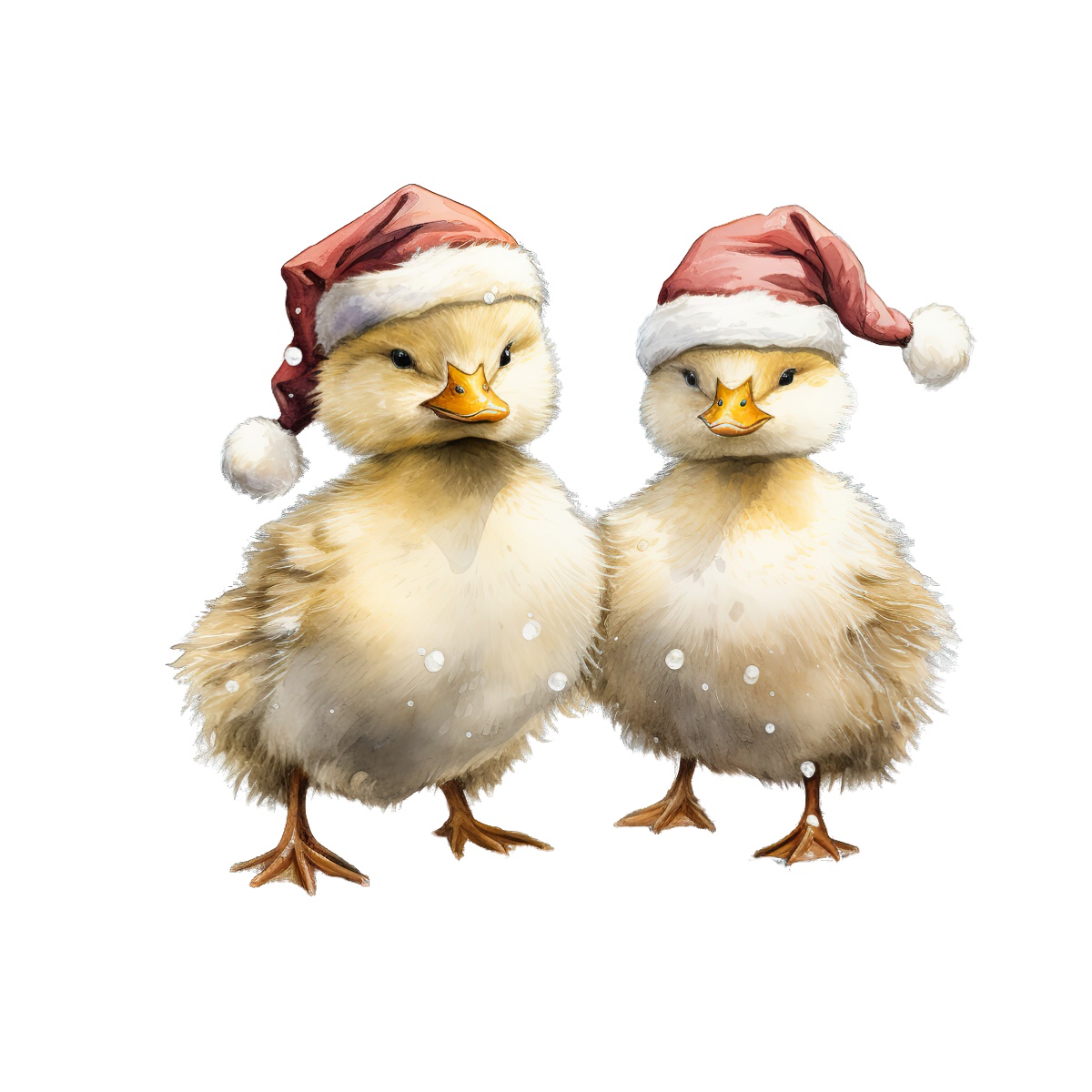 Two yellow ducklings with red Santa hats on a holiday theme.