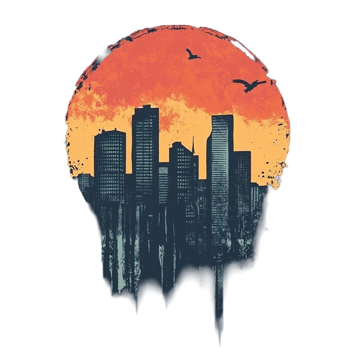 Silhouette of a city skyline against an orange sunset with birds.