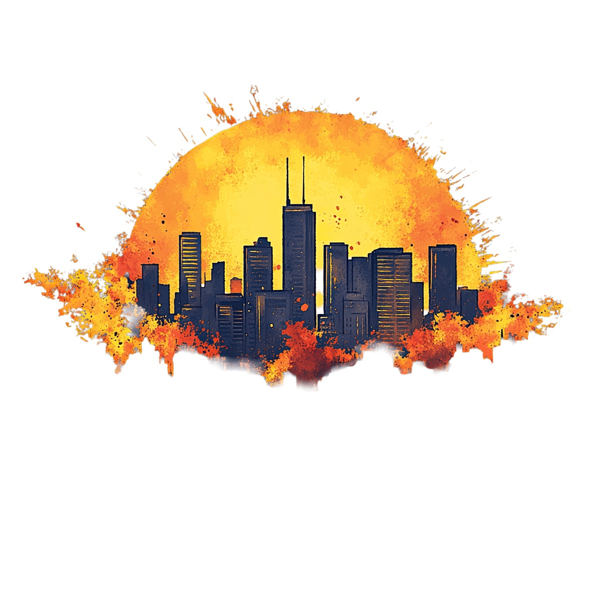 Urban skyline silhouette against a vibrant sunset illustration with bold colors.