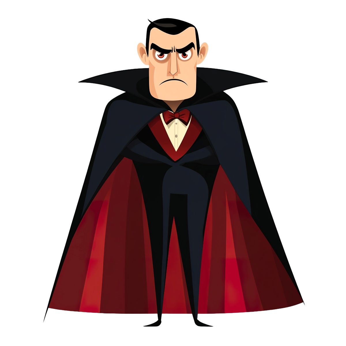 Vampire character with black and red cape, stern expression, Halloween theme.