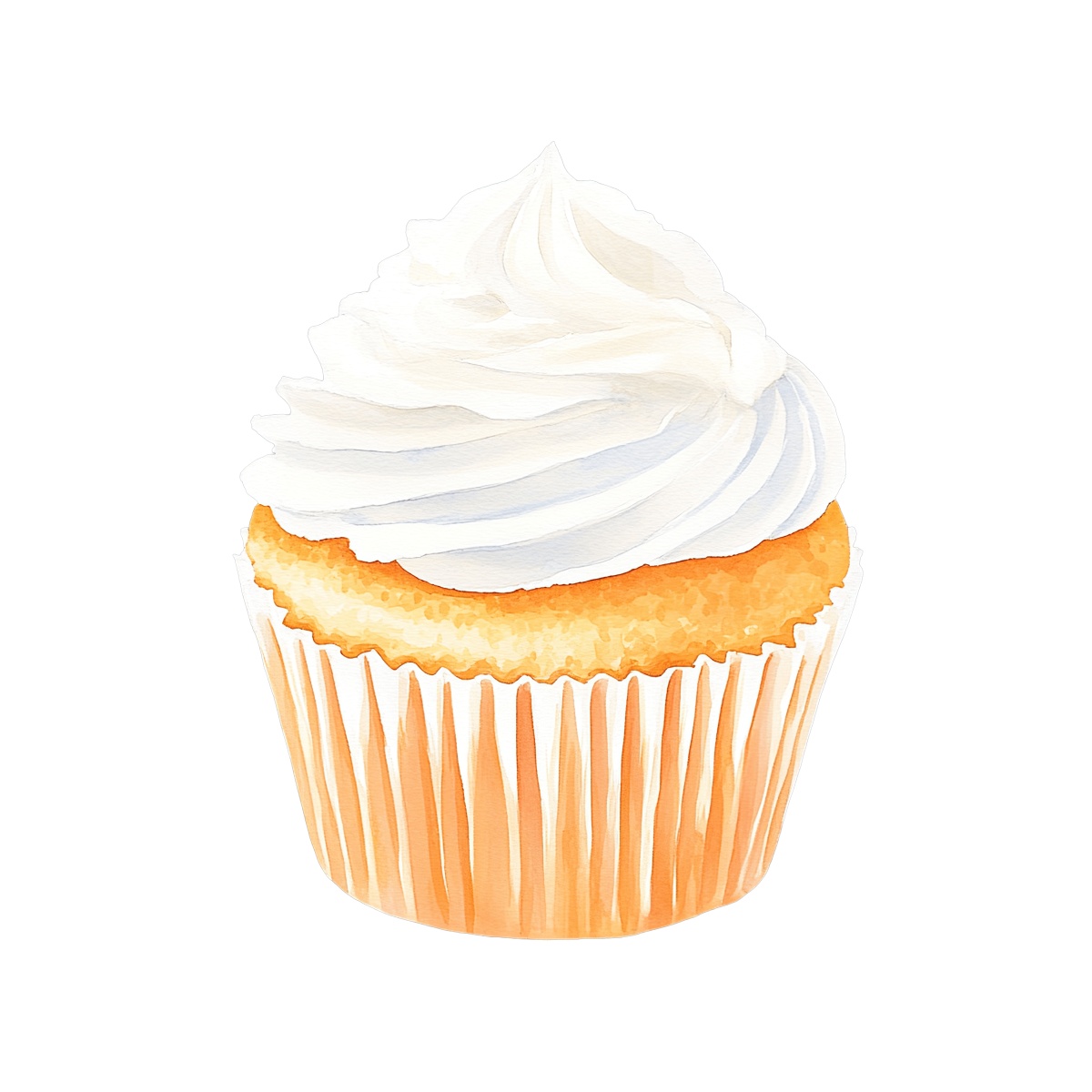 Vanilla cupcake with white frosting in a paper liner.