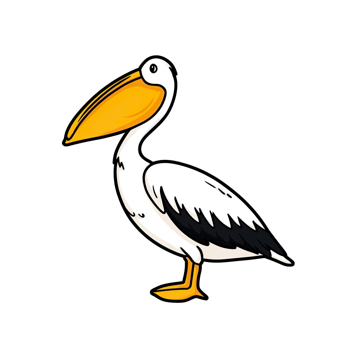 Pelican with large yellow-orange beak and white body in cartoon style.
