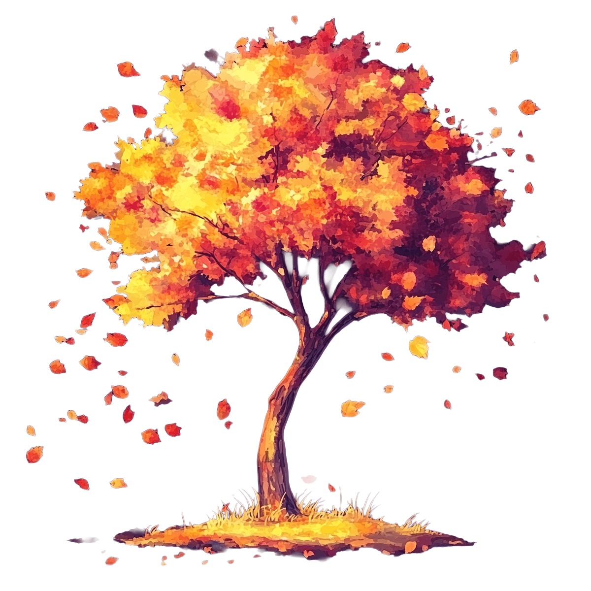 Vibrant autumn tree with orange and yellow leaves blowing in the wind.