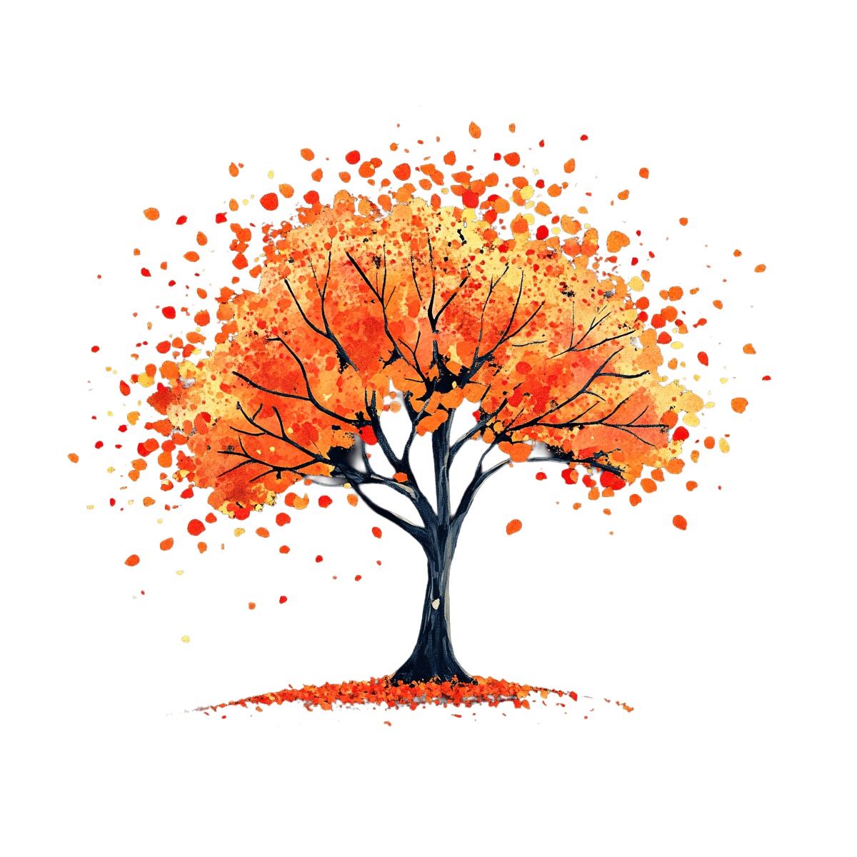 Vibrant autumn tree with orange and yellow leaves in watercolor on black.