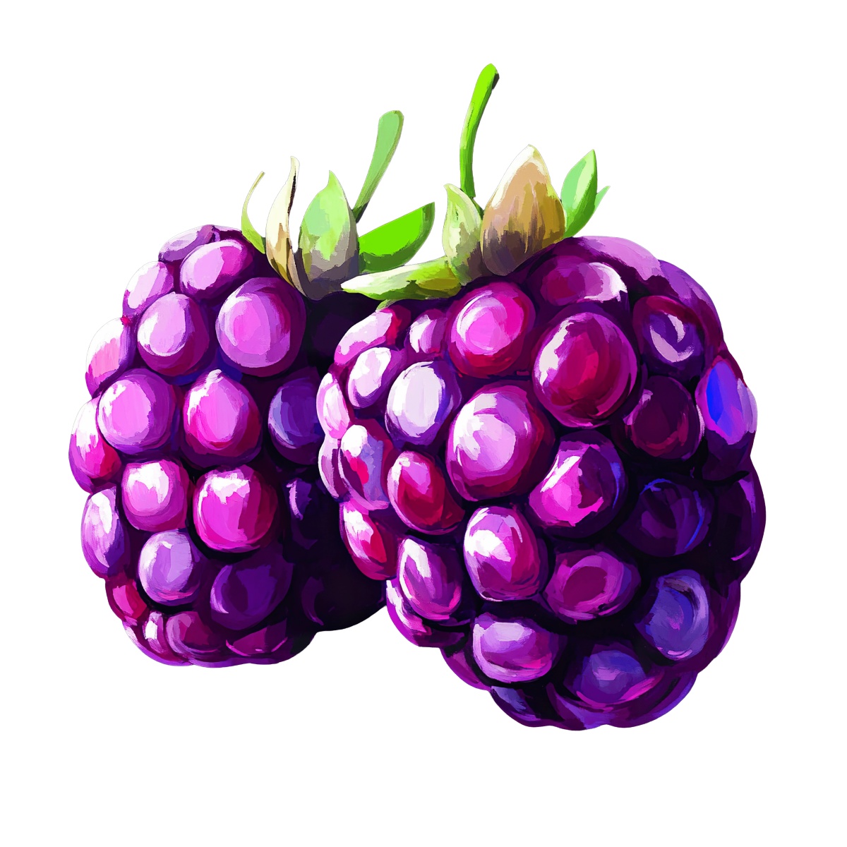 Two vibrant blackberries with green leaves.