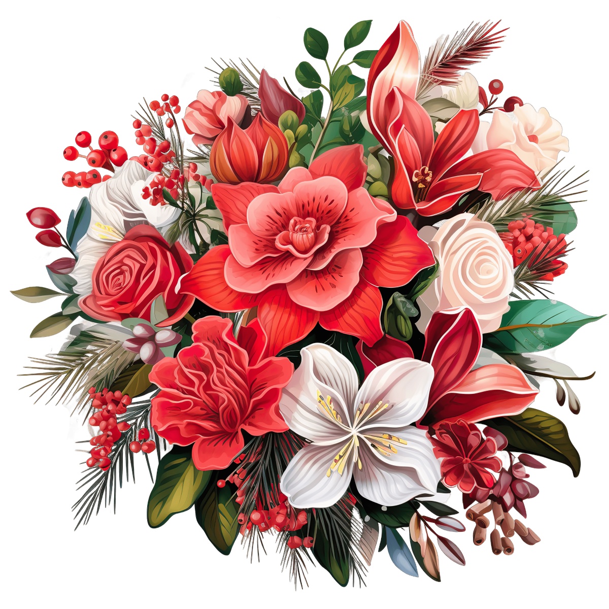 Colorful bouquet of red and white flowers with lush green leaves.